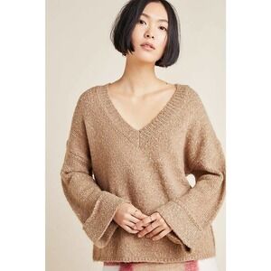 Anthropologie Maggie Wool Blend V-Neck Oversized Bell Sleeve Sweater Brown XS